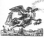 A flying woman, wings at the shoulder, blowing a trumpet and holding a laurel (Fame); seascape