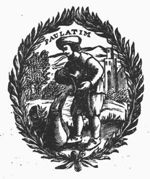A man pouring water from one jar into another (Temperance); landscape with mountains; a frame of knotted branches