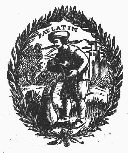 A man pouring water from one jar into another (Temperance); landscape with mountains; a frame of knotted branches