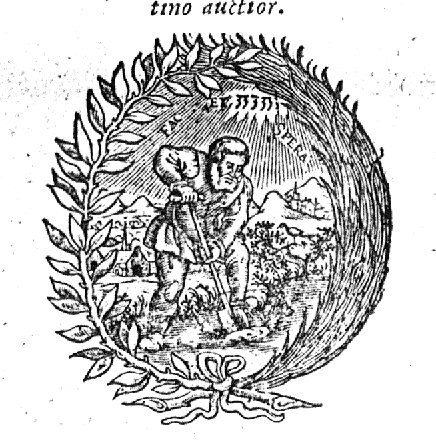 A man spading in a mountainous landscape; Jahweh-tetragram; a laurel-branch and a palm-branch as frame