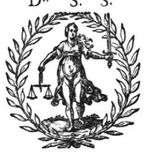 A woman holding a sword and scales (Justice); laurel wreath as frame