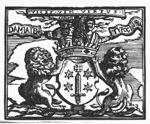 Crowned coat of arms of Haarlem, held by two lions in front of a tree; a man emerges from the crown, holding banderoles with inscription; a small ship's model(?) hanging from the upper branches of the tree