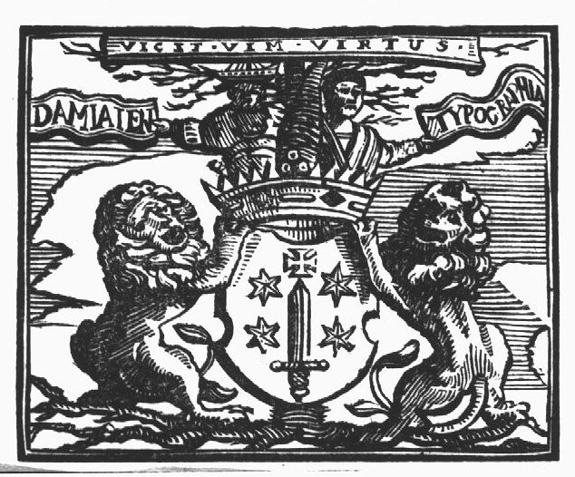Crowned coat of arms of Haarlem, held by two lions in front of a tree; a man emerges from the crown, holding banderoles with inscription; a small ship's model(?) hanging from the upper branches of the tree