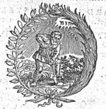 A man spading, in a landscape; Jahweh-tetragram; a laurel-branch and a palm-branch as frame