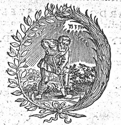 A man spading, in a landscape; Jahweh-tetragram; a laurel-branch and a palm-branch as frame