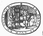 Three men at work in a printing office: a type-setter at a typecase, a man rolling ink-balls and a printer; three other men, perhaps customers, are visiting the office; frame with inscription