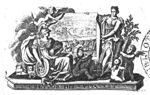 Minerva (helmet, lance, Aegis, owl), at her feet a putto with an open book, before a depiction of a harvest held up by a putto and Ceres (crown, sheaf of corn held by two putti)