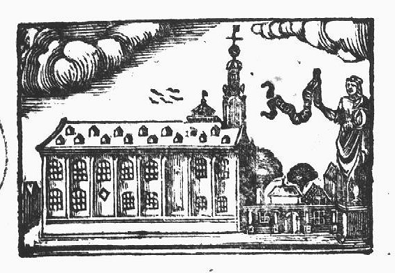 The 'Academiegebouw' of Leiden University; a statue of a standing woman holding an armillary sphere in one hand and a smaller statue (representing a person holding a banderole) in the other hand