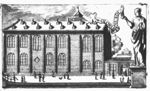 The 'Academiegebouw' of Leiden University (represented without its tower; a statue of a standing woman holding an armillary sphere in one hand and a smaller statue (representing a person holding a banderole) in the other hand; bridge in the bottom left corner