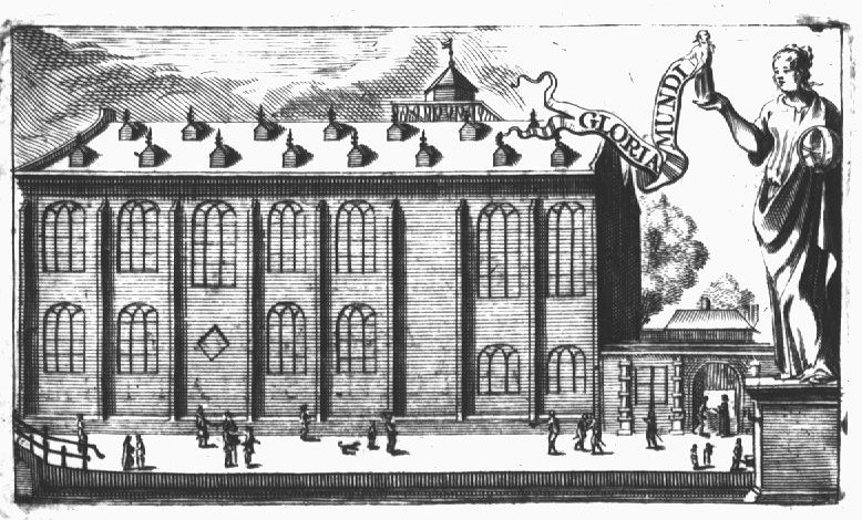 The 'Academiegebouw' of Leiden University (represented without its tower; a statue of a standing woman holding an armillary sphere in one hand and a smaller statue (representing a person holding a banderole) in the other hand; bridge in the bottom left corner