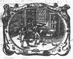 Three men at work in a printing office: a type-setter seated at a typecase, a man rolling ink-balls and a printer; a table; a fourth man, perhaps a customer, at the door; decorated frame