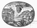 Juxtapostion of pressing and printing: a type-setter(?) and a printer at work in a printing office (set in a house with a drawn up curtain replacing a wall); people picking and treading grapes; a bunch of grapes hanging from a banderole with inscription; books, quill and ink-well