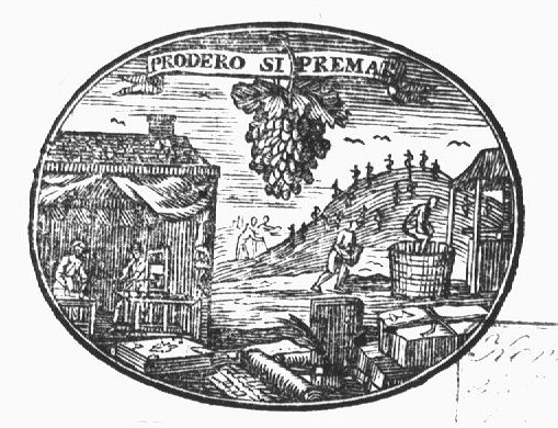Juxtapostion of pressing and printing: a type-setter(?) and a printer at work in a printing office (set in a house with a drawn up curtain replacing a wall); people picking and treading grapes; a bunch of grapes hanging from a banderole with inscription; books, quill and ink-well