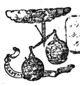 A hand from the clouds holding a pair of scales with a globe and a star-globe; banderole