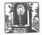 Forest with a burning candle in a ruin (niche); on top of the niche: Father Time (wings, hourglass with wings) and a woman stretching her right hand forward, holding a flower (allegory?); in the background forest workers (used symbolically?) are planting a tree, cutting wood and sitting at a fire