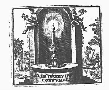 Forest with a burning candle in a ruin (niche); on top of the niche: Father Time (wings, hourglass with wings) and a woman stretching her right hand forward, holding a flower (allegory?); in the background forest workers (used symbolically?) are planting a tree, cutting wood and sitting at a fire