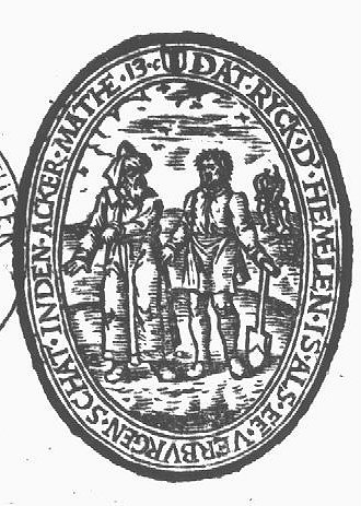 'The Kingdom of Heaven is like treasure hidden in a field': a man digging for a treasure, in the background, and speaking with the man from whom he wants to buy the field, in the foreground; coat of arms of Delft in the frame