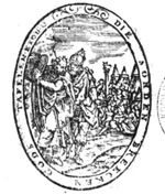 Moses about to break the stone tablets; Joshua standing behind him; in the background the adoration of the golden calf