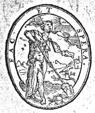 A man spading, in a landscape; Jahweh-tetragram