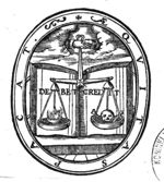 Two joined hands, from the clouds, are holding a pair of scales (with a fire and a skull) in front of an open book