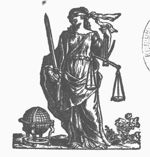 A blindfolded woman holding a sword and scales (Justice); a globe