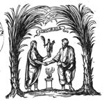 Two men shaking hands above an altar with a fire (Unity), the man on the left holds a statue of a figure (with a palm-branch and a cornucopia) two palm-trees; banderole