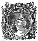A hand from the clouds holding a pair of scales with a globe and a book; frame decorated with hybrid human and animal forms and festoons