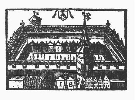 A bird's eye view of the Antwerp stock exchange (French: 'bourse'); initials "I.B."