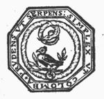 Dove surrounded by a snake; small coat of arms with heraldic lion