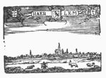 Silhouette of Haarlem; banderole; three coats of arms, one of which is of the city of Haarlem