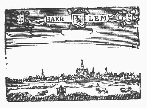 Silhouette of Haarlem; banderole; three coats of arms, one of which is of the city of Haarlem