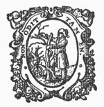 A man cutting a branch from a tree with a sickle; decorated frame with festoons, and with human figures drinking