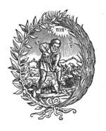 A man spading in a mountainous landscape; Jahweh-tetragram; a laurel-branch and a palm-branch as frame