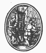 Three men at work in a printing office: a man rolling ink-balls, a printer, a type-setter seated at a typecase; two visitors (customers?)