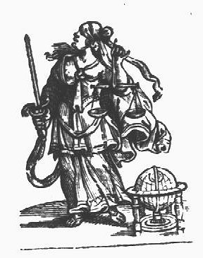 A blindfolded woman holding a sword and scales (Justice); a globe