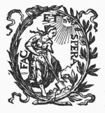 A woman spading; Jahweh-tetragram; a laurel-branch and a palm-branch as frame