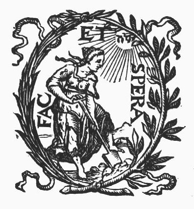 A woman spading; Jahweh-tetragram; a laurel-branch and a palm-branch as frame