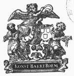 A woman with wings at the shoulder blowing a trumpet (Fame) holding reins to which a printer and an engraver are attached; three coats of arms: one showing a quill and a laurel, another the tools of a printer (ink-ball)