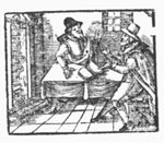 Interior with two sitting men having a discussion, between them an open book on a table