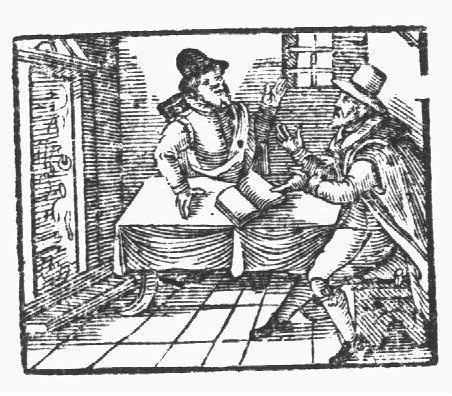 Interior with two sitting men having a discussion, between them an open book on a table