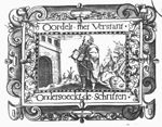 A man (a scholar, perhaps Flavius Josephus) holding an open book, standing in front of a building in a landscape; ornamental scrollwork frame with floral elements