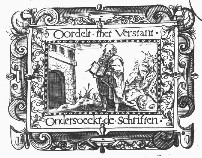 A man (a scholar, perhaps Flavius Josephus) holding an open book, standing in front of a building in a landscape; ornamental scrollwork frame with floral elements