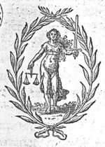 A woman holding a sword and scales (Justice); laurel wreath as frame