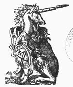 Unicorn holding coat of arms with 'Hausmarke' and the initials "I.K."