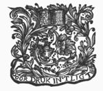 Open book with pseudo-text, ornamental flowers, banderole with inscription