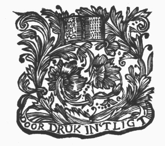 Open book with pseudo-text, ornamental flowers, banderole with inscription