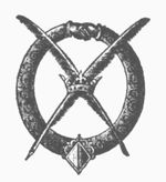 Two crossed quills and a crown; two joined hands