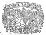 Unicorn holding the coat of arms of Hoorn (hunting horn; Dutch: 'hoorn'); in the background a view of Hoorn across the water; wreath of leaves with some flowers as frame, closed at the top by two joined hands