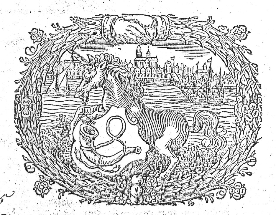 Unicorn holding the coat of arms of Hoorn (hunting horn; Dutch: 'hoorn'); in the background a view of Hoorn across the water; wreath of leaves with some flowers as frame, closed at the top by two joined hands