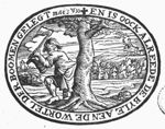 A man (or boy) cutting a tree with an axe; in the background: the sacrifice of Isaac